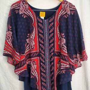 Ruby Road Blue and Red Asymmetrical 3/4 Sleeve Blouse
